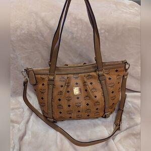 LUX414: MCM Cognac Brown Visetos leather 2-way shoulder bag/tote.  (Preloved)